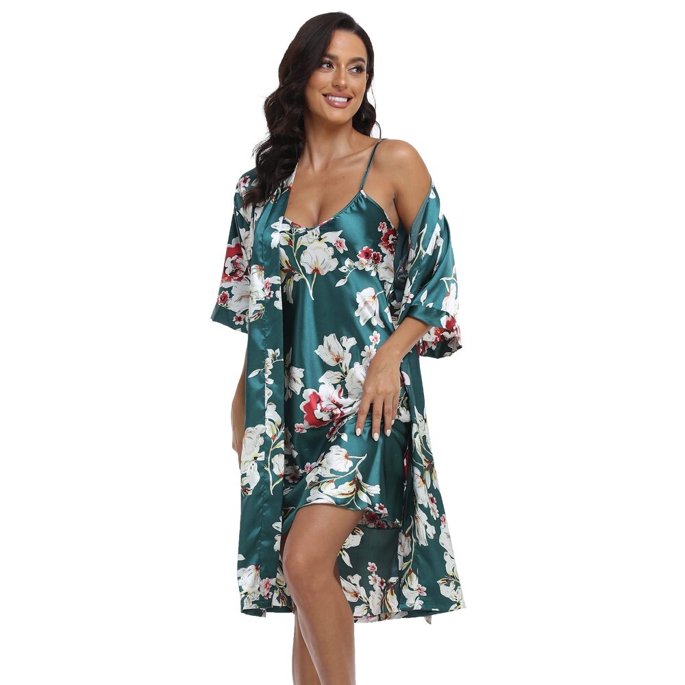8789 Satin Robes Set with Nightgown Silk Kimono Pajamas 2 Piece Sleepwear - Picture 1 of 4